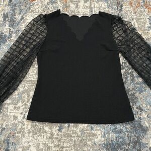 Black Scallop Neck Top with Sheer Sleeves